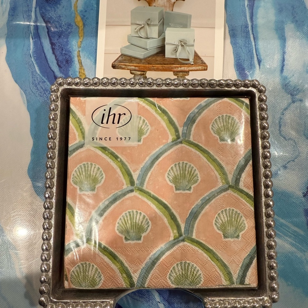 Mariposa Silver Napkins Holder with Green and Pink Shell Napkins
